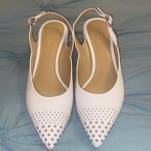 Michael Kors pointed toe white studded low chunky heel sling backs